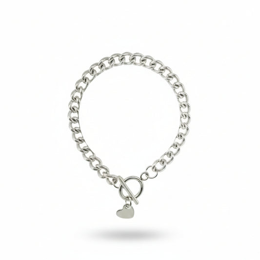 Silver Textured Curb Chain Toggle Bracelet with Heart Charm
