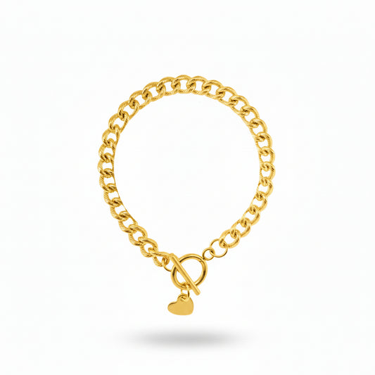 Gold Textured Curb Chain Toggle Bracelet with Heart Charm