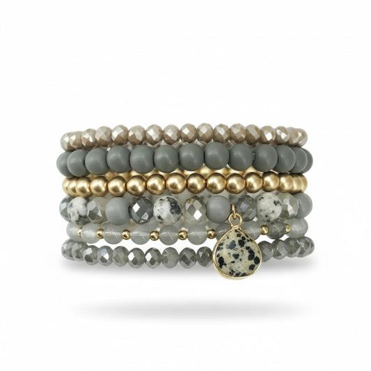 Soft Grey Charm Glass Bead Stack Bracelet Set