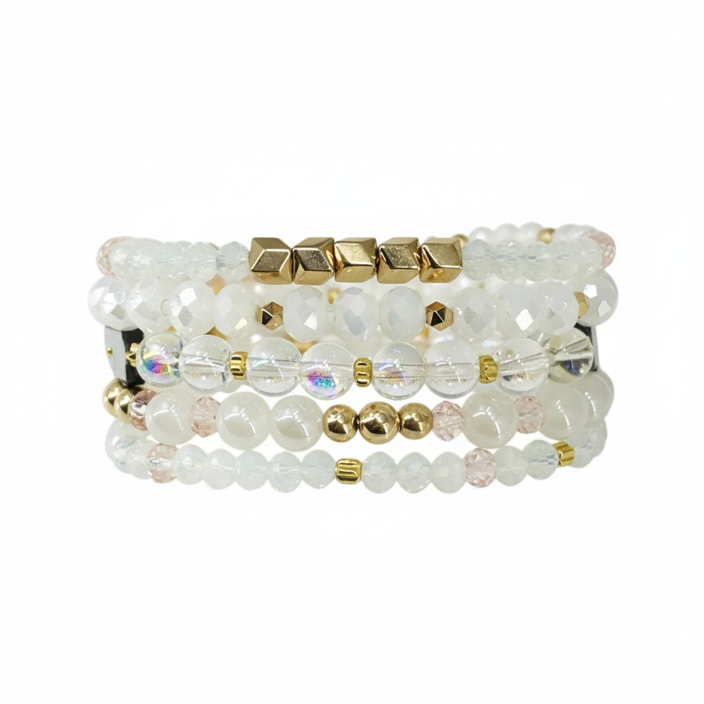 Ivory Glow Glass Bead Stack Bracelet Set