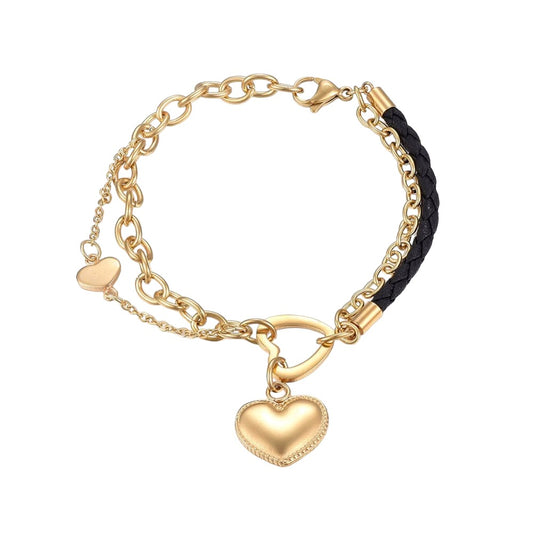 Stainless Steel & Leather Cord Charm Bracelet - B2154