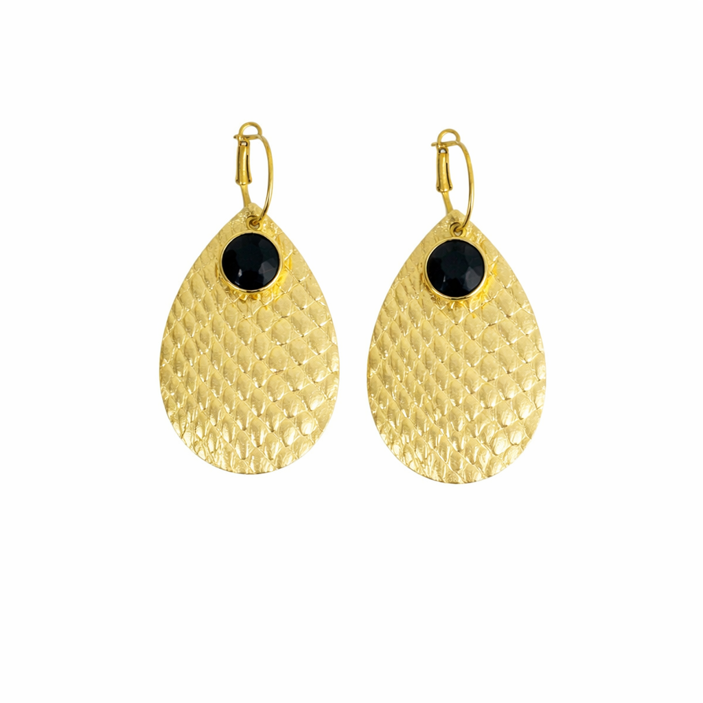 Golden Anaconda Black Stone Hoop Earrings