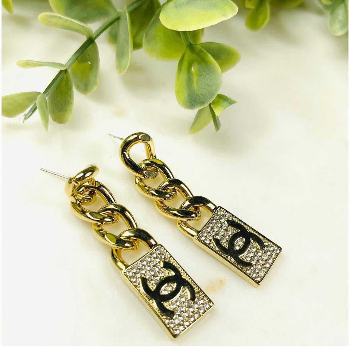 Gold Tone Chain Stud Earrings with Rhinestone Pendant