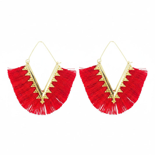 Red Bohemian Triangle Tassel Earrings