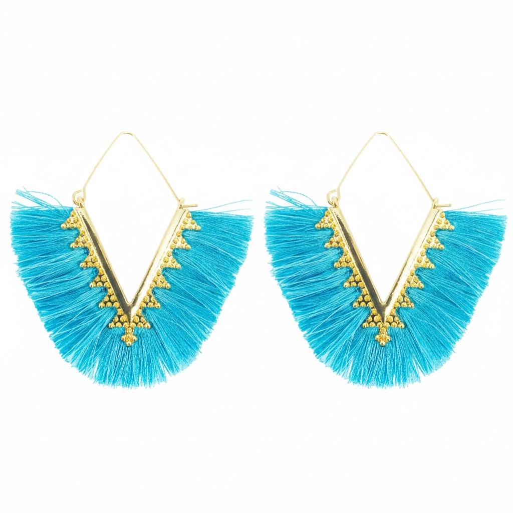 Light Blue Bohemian Triangle Tassel Earrings
