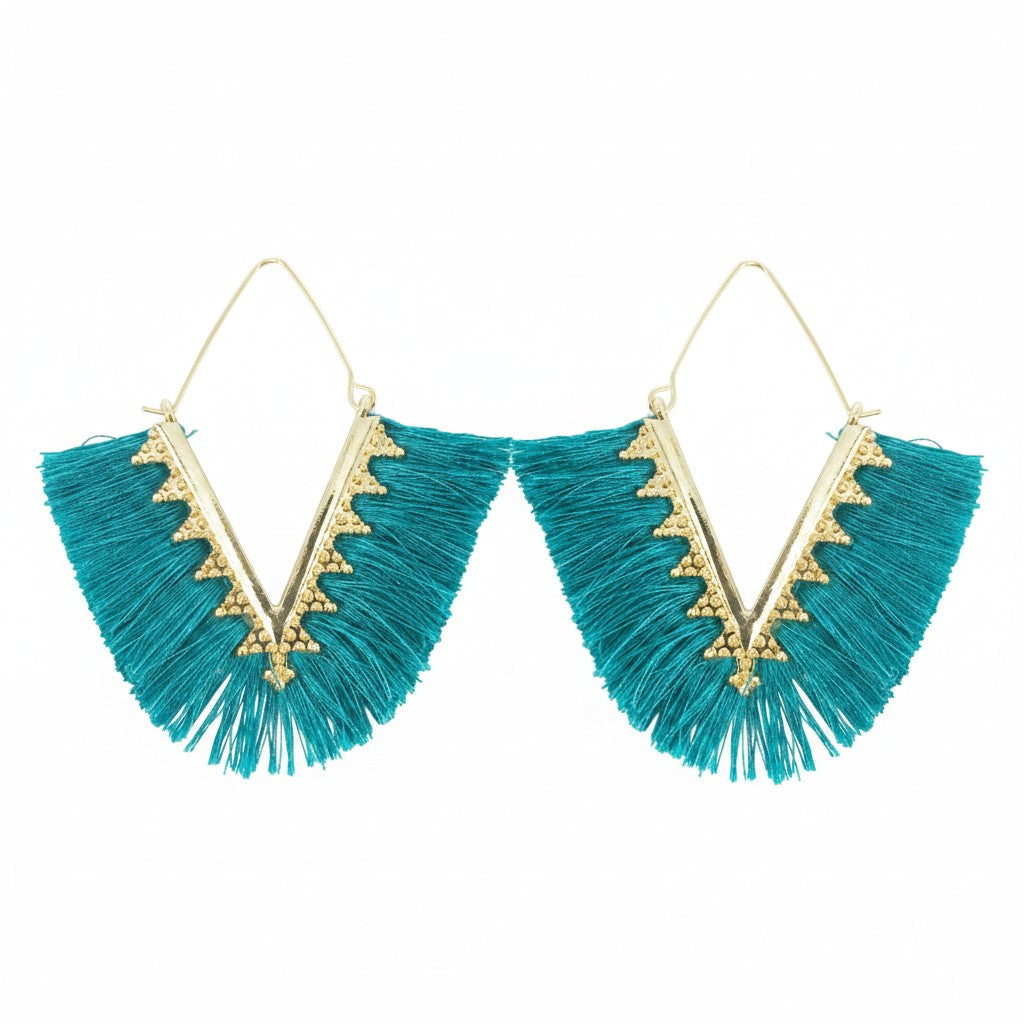 Teal Bohemian Triangle Tassel Earrings