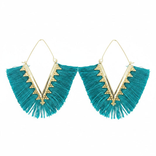 Teal Bohemian Triangle Tassel Earrings