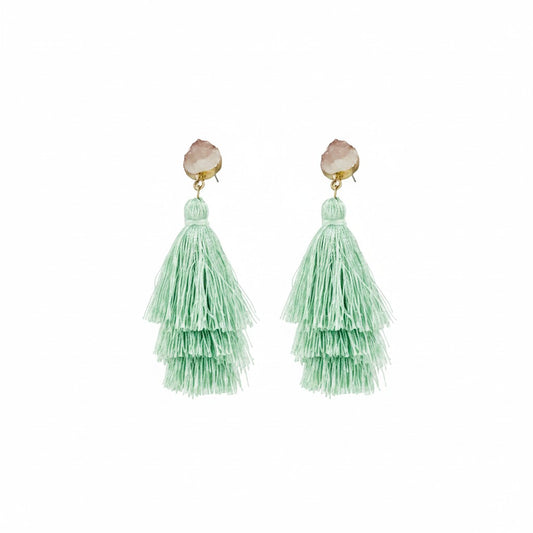 White Druzy Resin Mint Cream Triple Layer Tassel Stud Earrings
