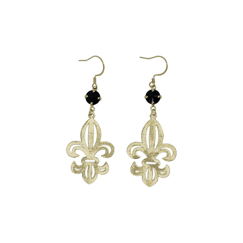 Jet Crystal & Textured Gold Fleur De Lis Earrings