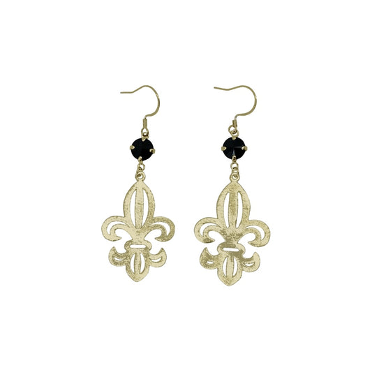 Jet Crystal & Textured Gold Fleur De Lis Earrings