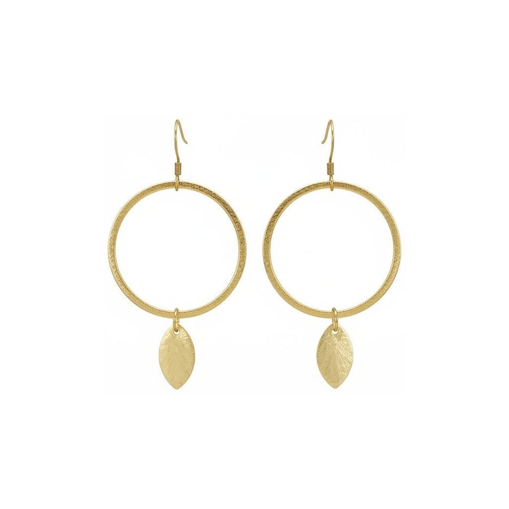Brushed Gold Hoop & Leaf Charm Drop Earrings