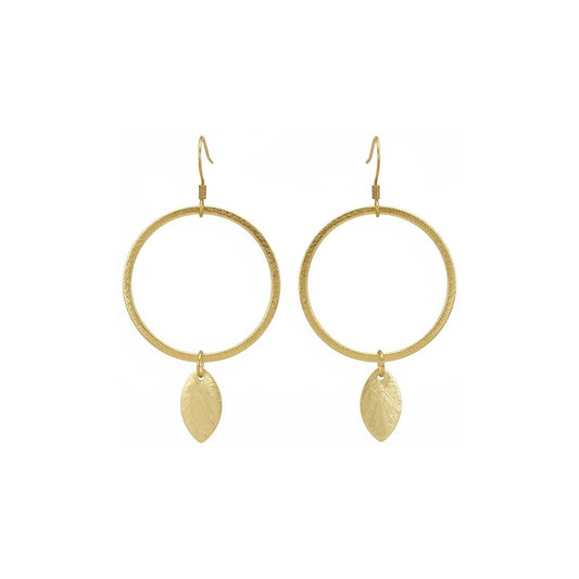 Brushed Gold Hoop & Leaf Charm Drop Earrings