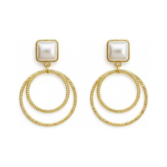 Pearl Square Stud & Textured Gold Hoop Earrings
