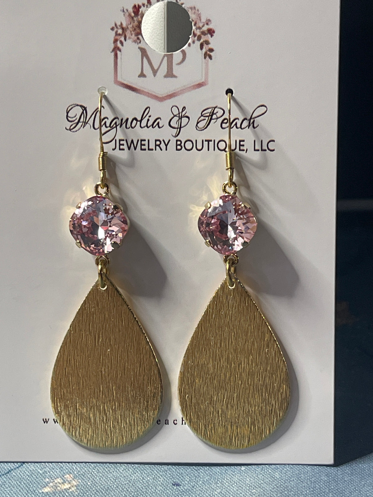 Light Rose Crystal & Gold Teardrop Earrings