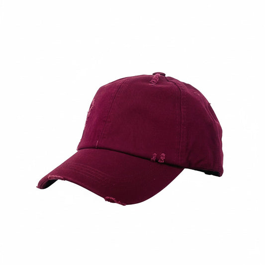 Burgundy Ladies Distressed Ponytail Hat