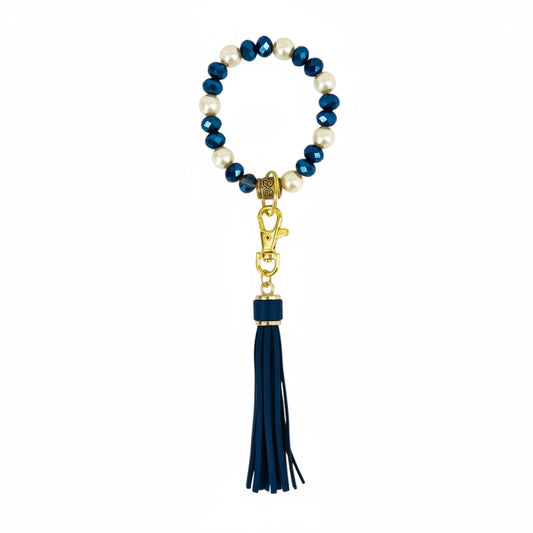 Navy Blue and Pearl Glass Bead Keychain