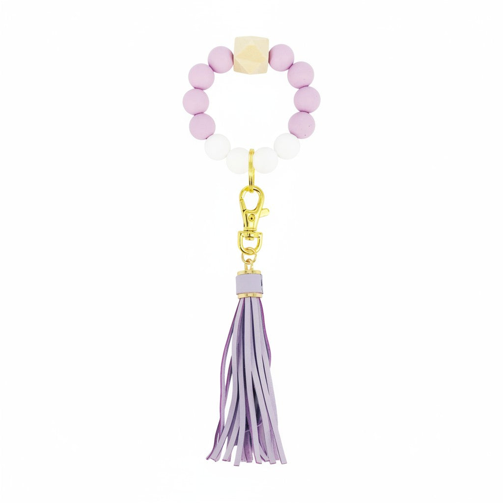 Lavender and White Wood Silicone Bead Bracelet Keychain