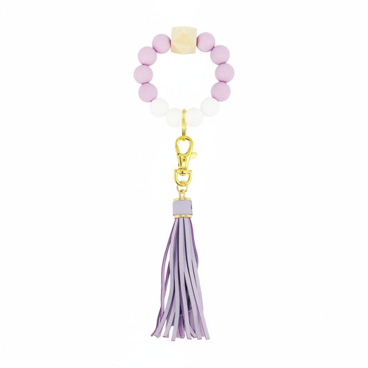 Lavender and White Wood Silicone Bead Bracelet Keychain