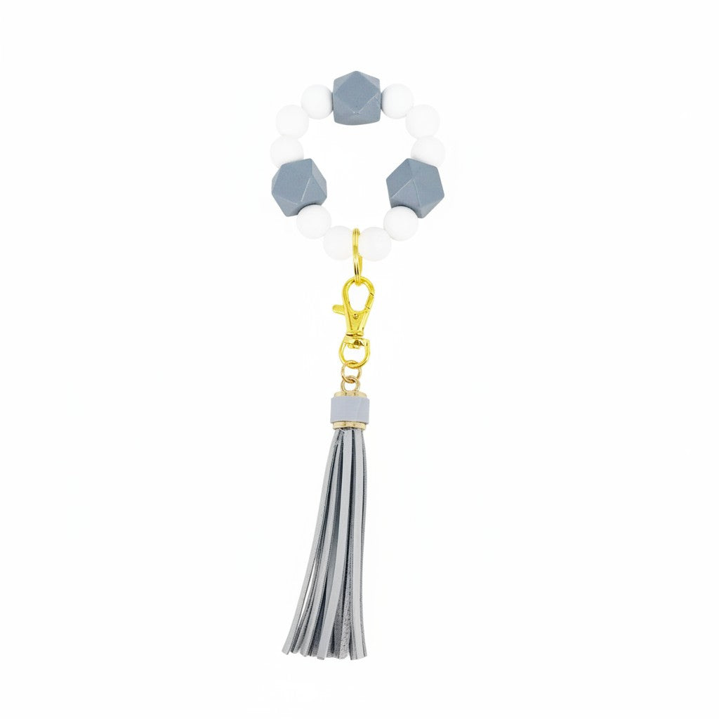 Gray and White Silicone Wood Bead Bracelet Keychain