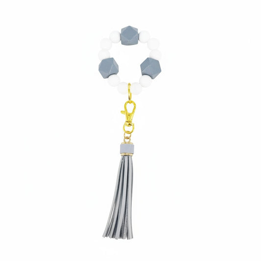 Gray and White Silicone Wood Bead Bracelet Keychain