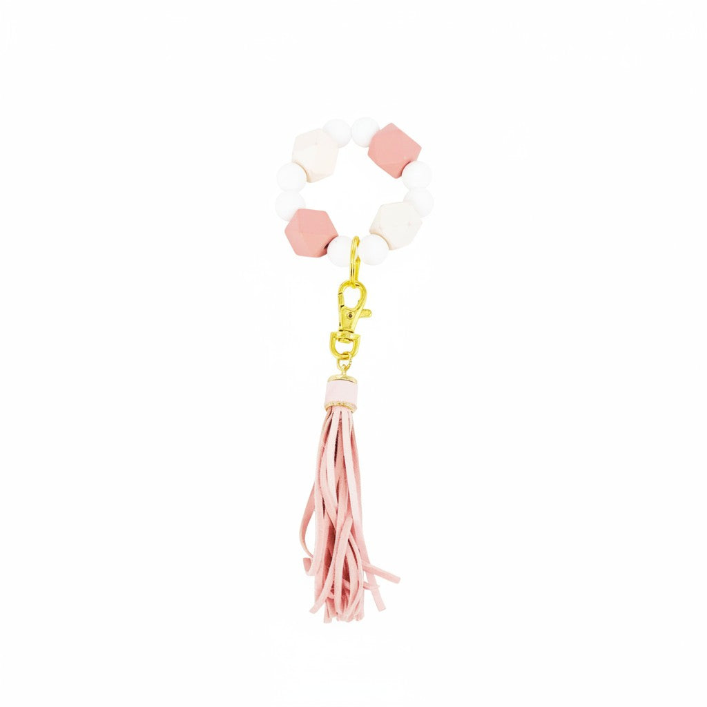 Pink and White Wood Silicone Bead Bracelet Keychain