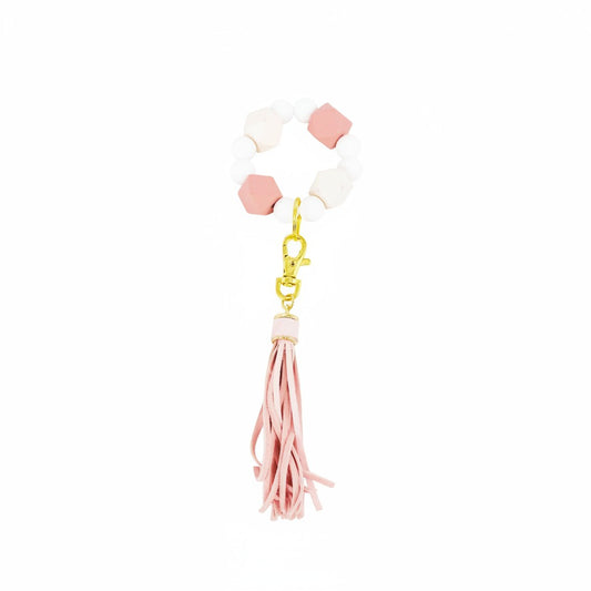 Pink and White Wood Silicone Bead Bracelet Keychain