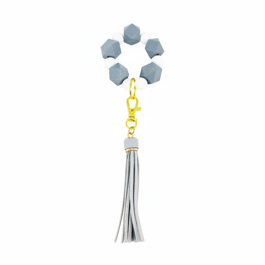 Gray and White Wood Silicone Bead Bracelet Keychain