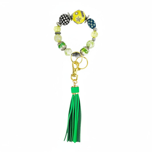 Green and Yellow Glass Bead Keychain