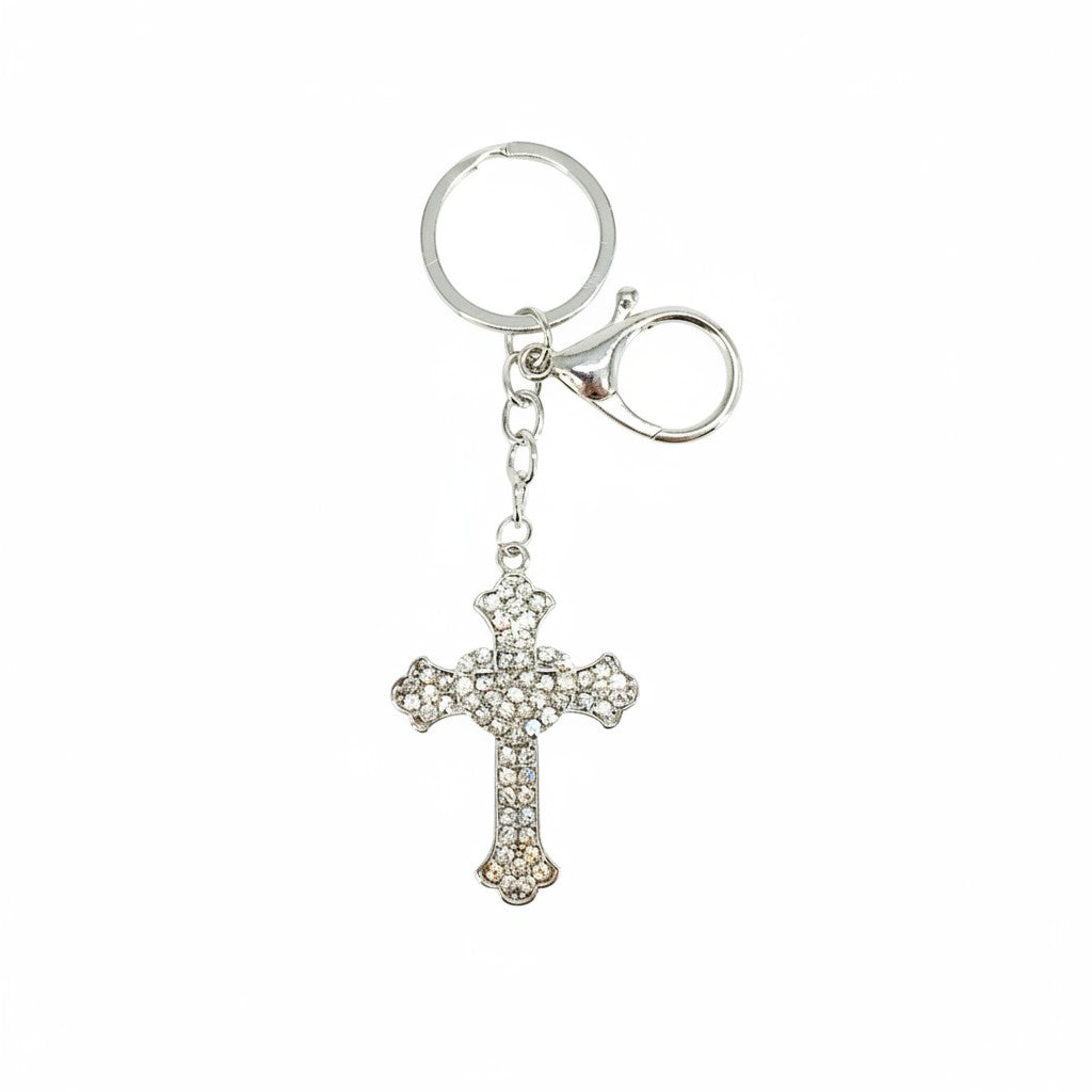 Silver Rhinestone Cross & Heart Keychain