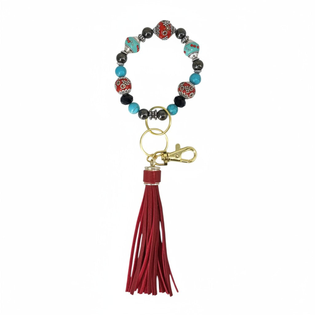 Red and Turquoise Glass Bead Keychain