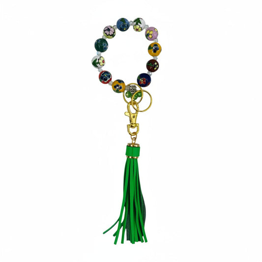 Green Floral Glass Bead Keychain