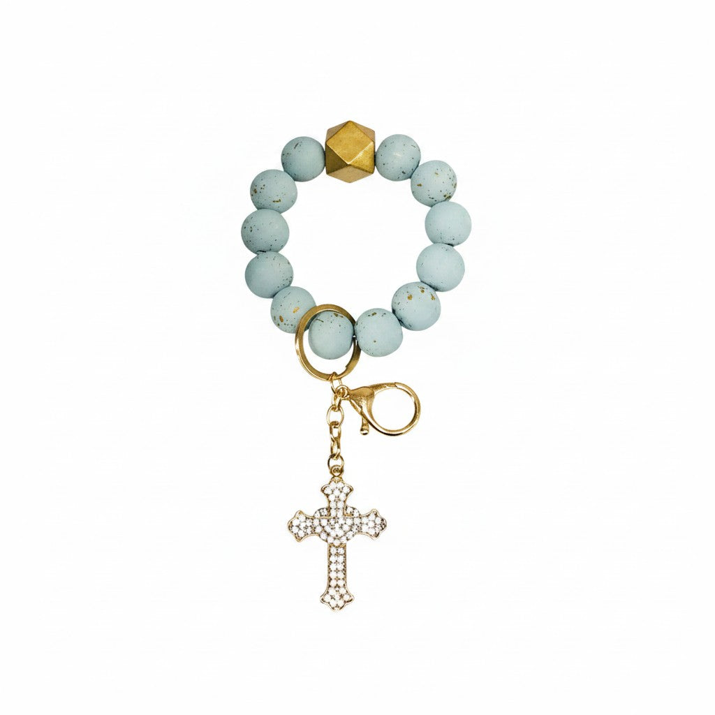 Turquoise and Gold Cross Charm Wood Bead Keychain