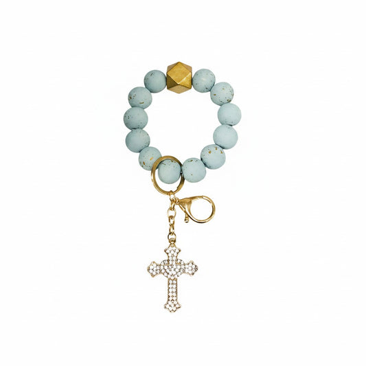 Turquoise and Gold Cross Charm Wood Bead Keychain