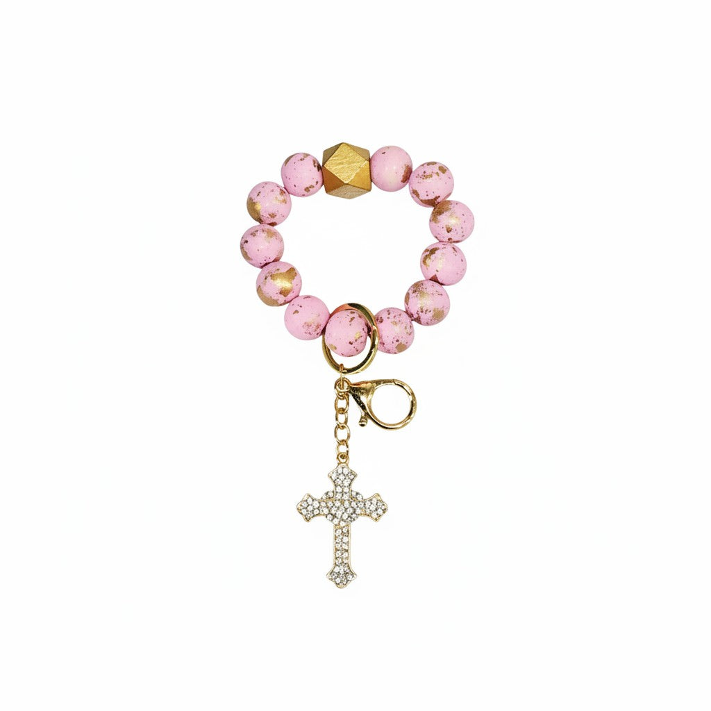 Pink and Gold Cross Charm Wood Bead Keychain