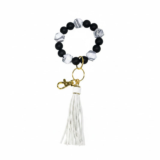 Black and White Marble Silicone Bead Bracelet Keychain