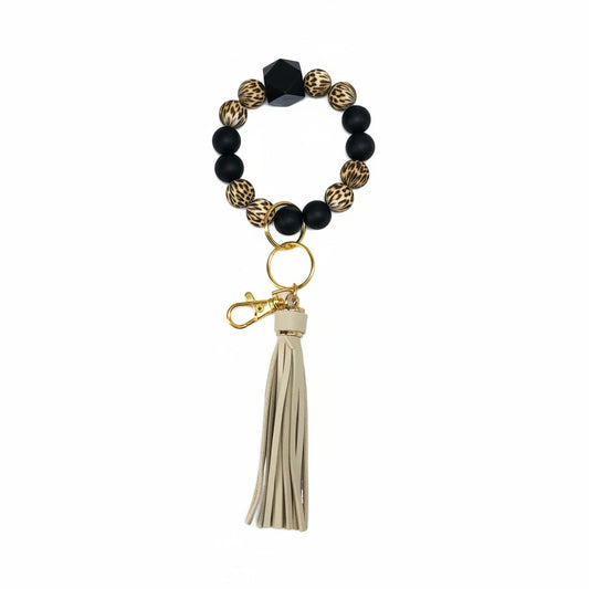 Leopard and Black Silicone Bead Bracelet Keychain