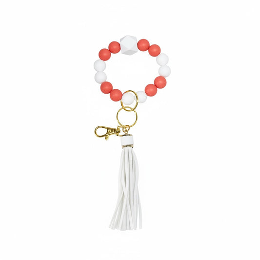 Coral and White Silicone Bead Bracelet Keychain