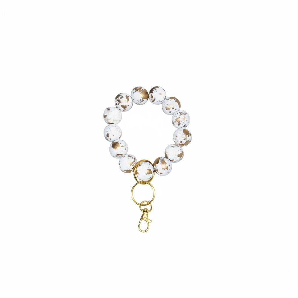 White and Gold Wood Bead Keychain