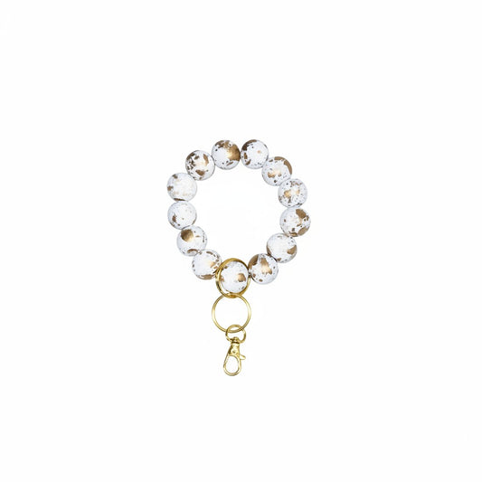White and Gold Wood Bead Keychain