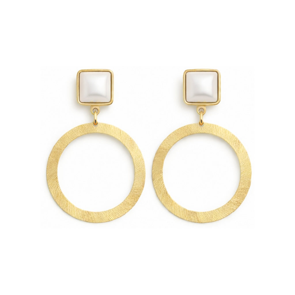 Pearl Square Stud & Textured Gold Hoop Earrings