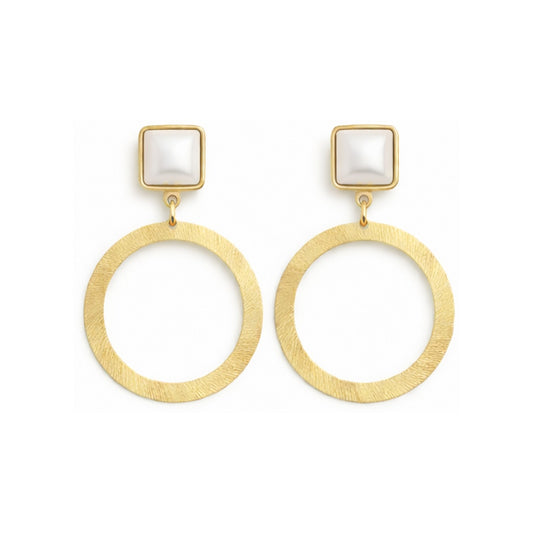 Pearl Square Stud & Textured Gold Hoop Earrings