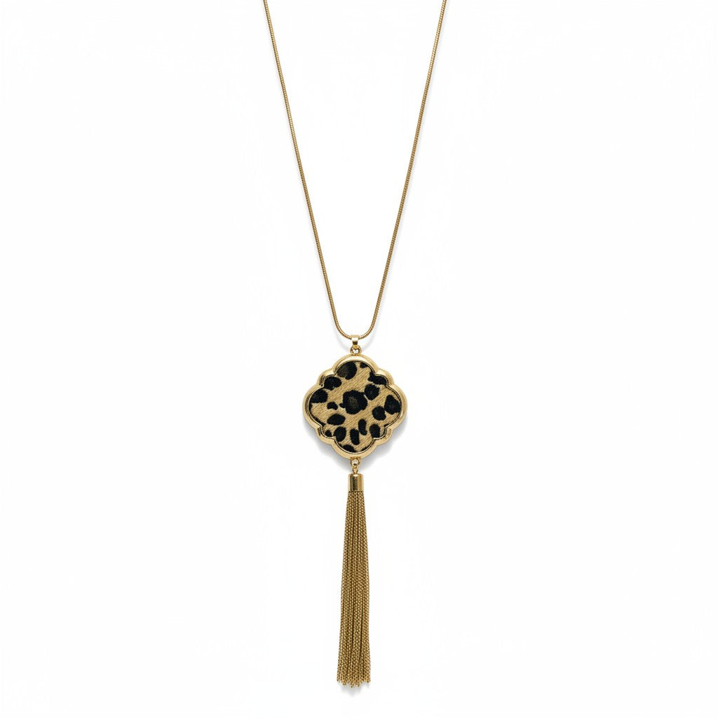 Gold Tone Leopard Quatrefoil Tassel Pendant Necklace