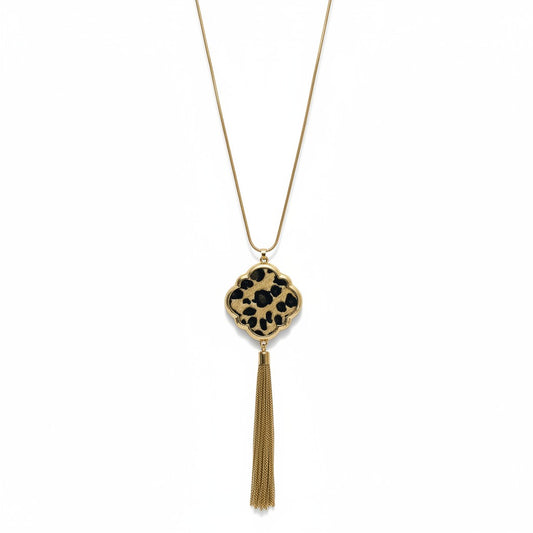Gold Tone Leopard Quatrefoil Tassel Pendant Necklace