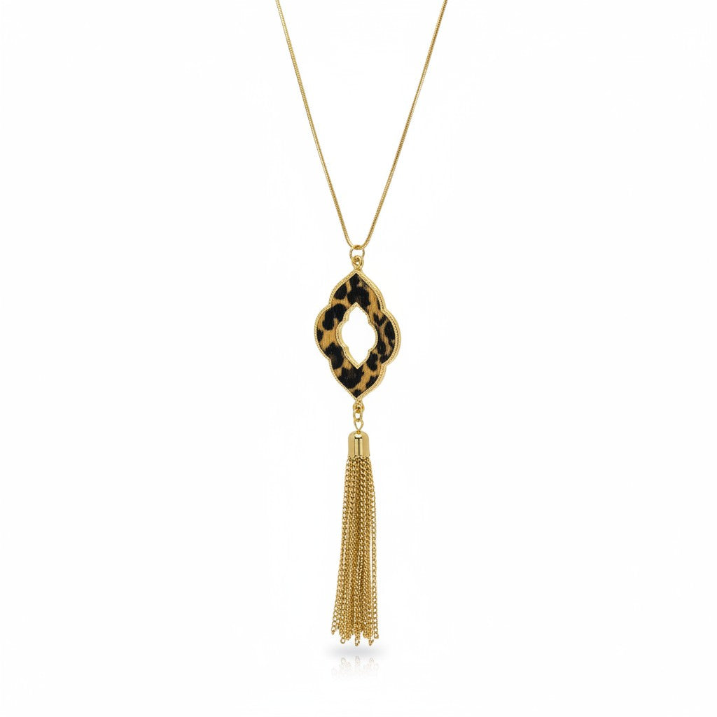 Gold Tone Leopard Open Pendant Tassel Necklace