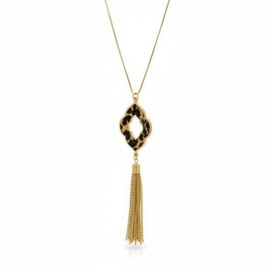 Gold Tone Leopard Open Pendant Tassel Necklace