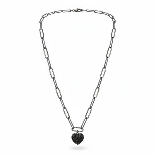 Gunmetal Pavé Heart Paperclip Necklace
