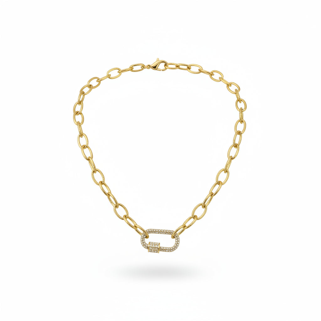 Textured Oval Link Necklace with Pave Carabiner Clasp