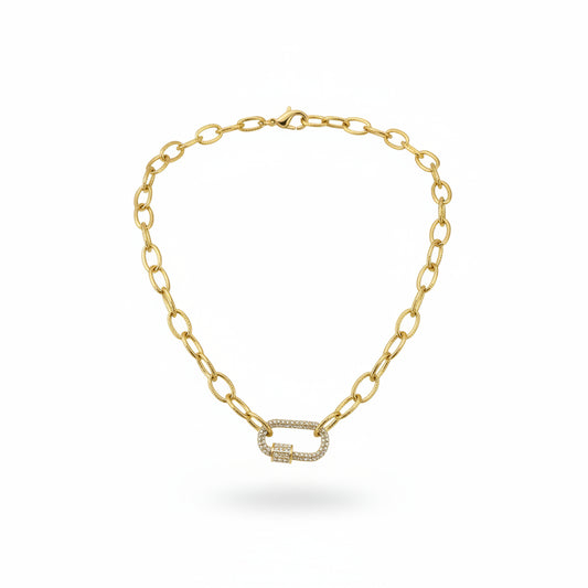 Textured Oval Link Necklace with Pave Carabiner Clasp