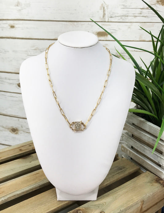 Paperclip Chain & Pave Lock Necklace - N653