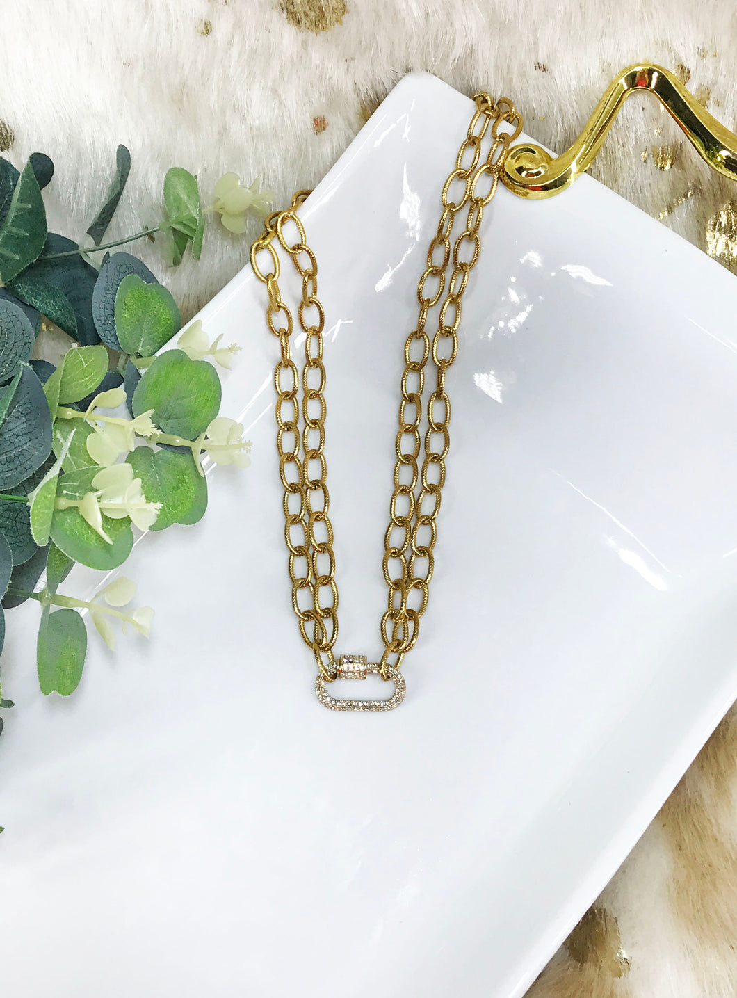 Pave Carabiner & Double Row Chain Necklace - N654
